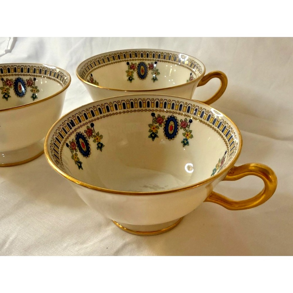 "The Colonial" 1940's Lenox Porcelain Gold Edge Footed Teacups Set of 3 Floral